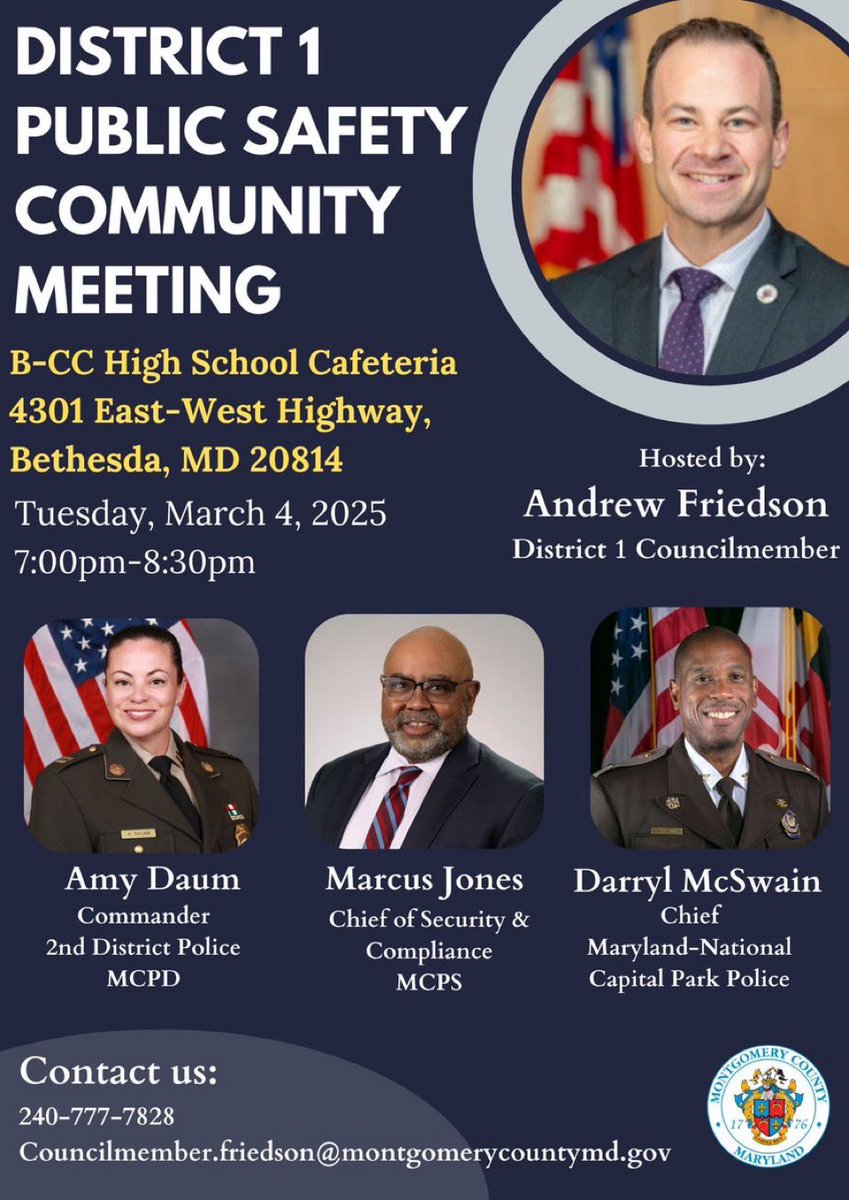 2D Commander (@2dcommander) on Twitter photo Thank you <a href="/Andrew_Friedson/">Councilmember Andrew Friedson</a> for putting together this event. I have spoken with many of you regarding recent incidents and public safety-please come out Tuesday to ask questions and share your concerns.
<a href="/mcpnews/">Montgomery County Department of Police</a> <a href="/mcpdced/">MCPDCED</a> <a href="/MontCoExec/">Montgomery County, MD - County Exec Marc Elrich</a> <a href="/TGBChamber/">TGB Chamber</a> <a href="/BethesdaUP/">BethesdaUP</a> <a href="/BCCCenter/">B-CC Regional Services - Peter Fosselman, Director</a> Thank you <a href="/Andrew_Friedson/">Councilmember Andrew Friedson</a> for putting together this event. I have spoken with many of you regarding recent incidents and public safety-please come out Tuesday to ask questions and share your concerns.
<a href="/mcpnews/">Montgomery County Department of Police</a> <a href="/mcpdced/">MCPDCED</a> <a href="/MontCoExec/">Montgomery County, MD - County Exec Marc Elrich</a> <a href="/TGBChamber/">TGB Chamber</a> <a href="/BethesdaUP/">BethesdaUP</a> <a href="/BCCCenter/">B-CC Regional Services - Peter Fosselman, Director</a>