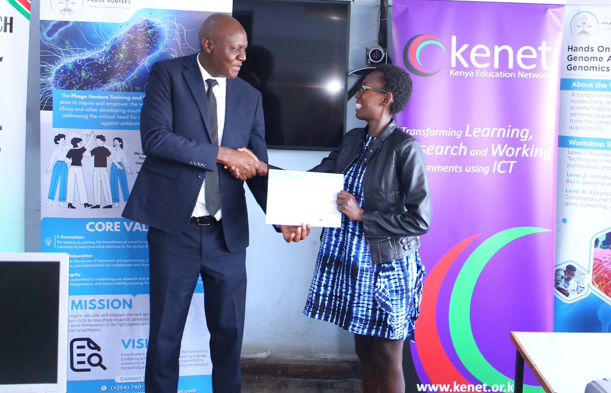 1/ Prof. Alfred Orina, DVC Research and Technology Development presided over the closing ceremony of Phage (small viruses) isolation, genome analysis and comparative genomics workshop. He represented the VC, Prof Benedict Mutua.