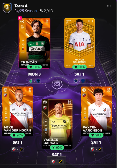PitchViewSorare's tweet photo. 🚀Launching my £50 Craft to Glory on Sorare! Starting with £50 for 2 teams. Plan: reach 20 essence, craft a card, build a team in its league or improve my squad. Cash wins? Upgrade or expand. 

1⃣ First team below, reasons next! (1/4) #Sorare https://t.co/9NhltY4Skl