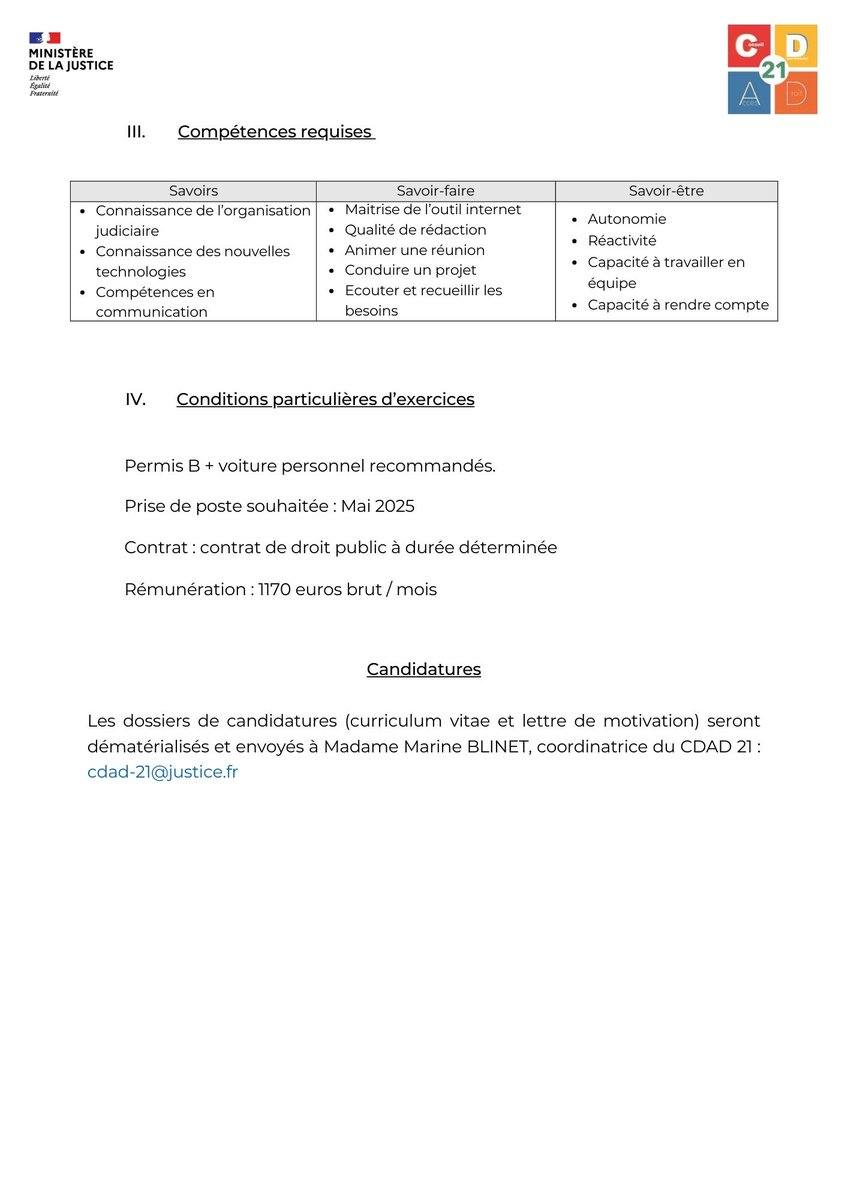 📢 Le Conseil départemental de l'accès au droit de Côte d'Or (CDAD 21) recrute un(e) juriste à temps partiel !

Pour obtenir des renseignements complémentaires et/ou candidater, veuillez écrire à l'adresse suivante : 👉cdad-21@justice.fr