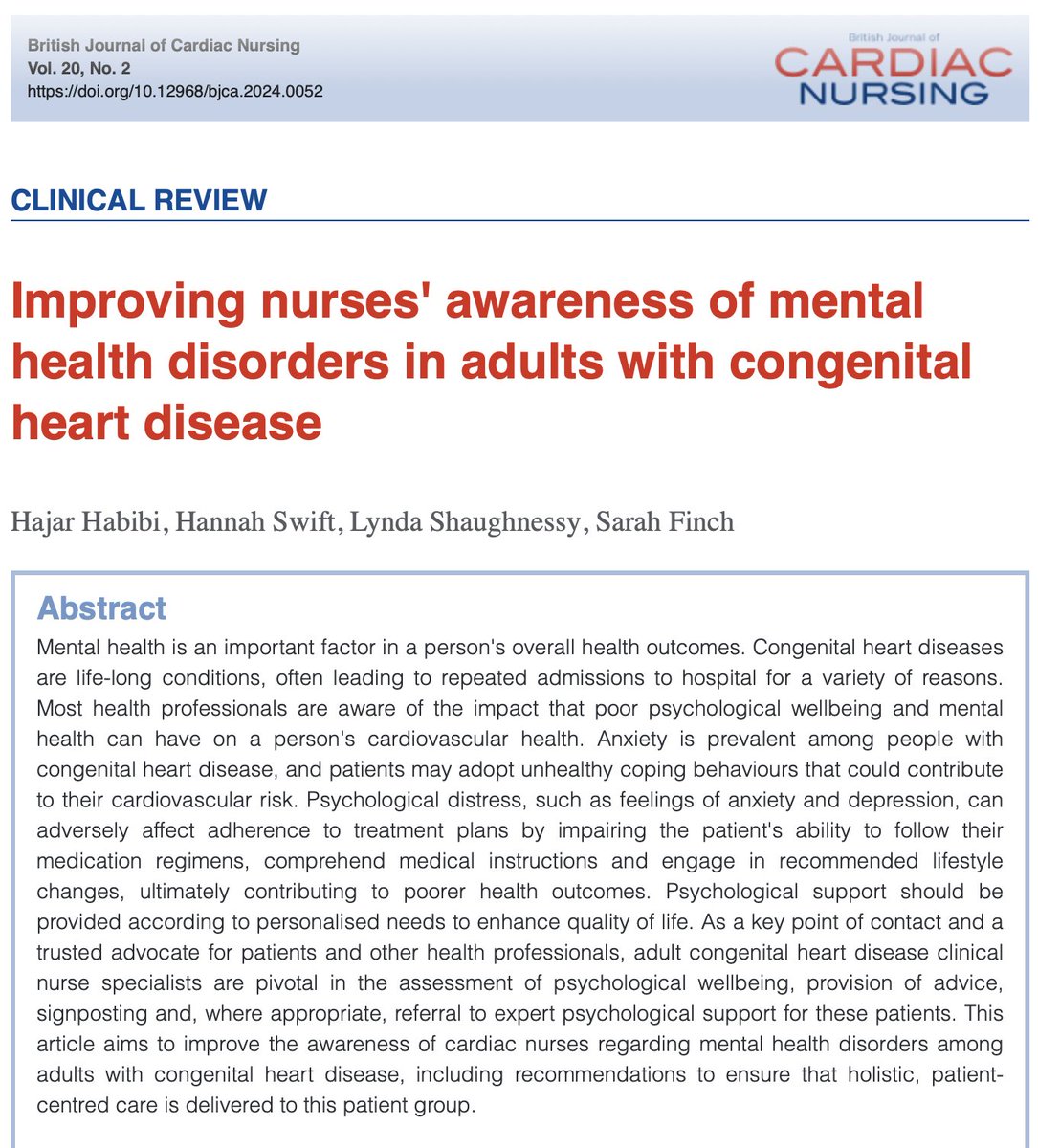 Congratulations to <a href="/theBACCNA/">British Adult Congenital Cardiac Nurse Association</a> members Hajar, <a href="/ACHD_Hannah/">Hannah</a>, <a href="/Lynda_D_S/">Lynda Shaughnessy</a> &amp; <a href="/SarahFinch_/">Sarah Finch</a> on the publication of 

'Improving nurses awareness of mental health disorders in #ACHD' 

doi.org/10.12968/bjca.…

An article relevant for all #CVD nurses &amp; allied professionals
<a href="/BJCardNursing/">BJ Cardiac Nursing</a>