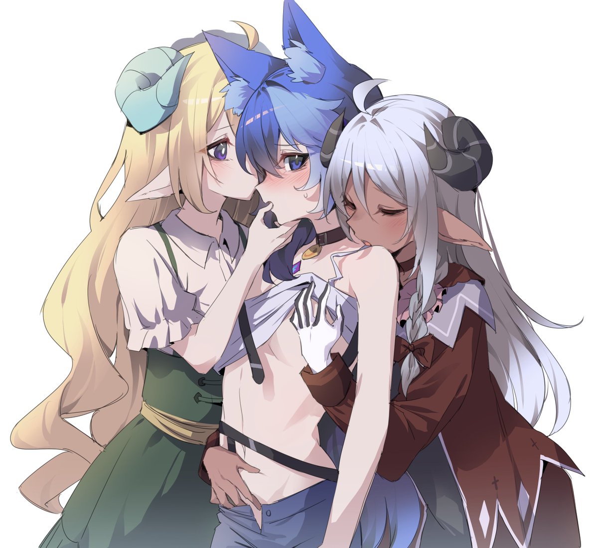 🐑:『妳看妳髮色都變了，忙到魔力都快沒了呢...』

🐶:『喂.. 妳們兩個.. 才剛放假而已.. 讓我休息一下啊... 』

🐐:『妳好好放鬆.. 不用花力氣.. 就讓我們來幫妳好好的補充魔力吧...』

----------
#小犬畫廊
#金羊繪卷
#黑羊繪卷
🎨 : <a href="/haskyyyyy1/">丕嗣🍕ハスち</a>