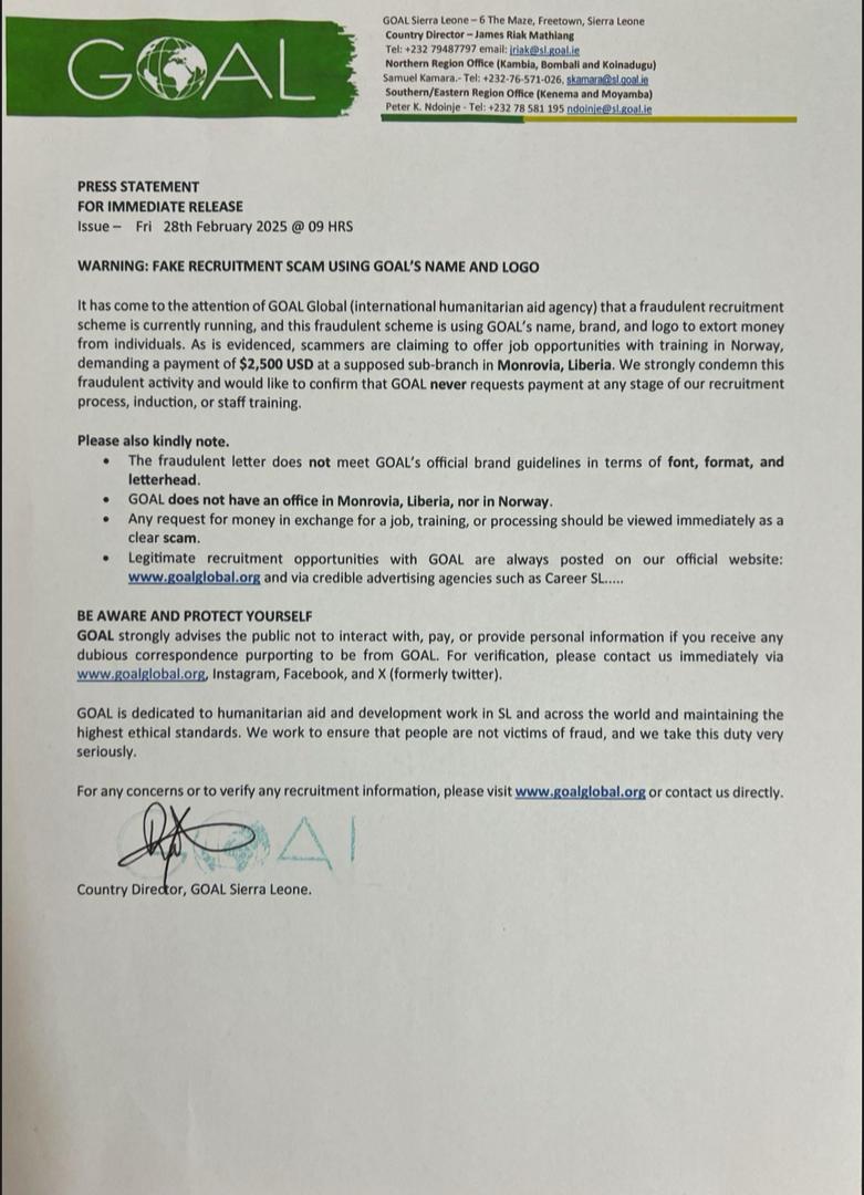SCAM ALERT!!
DO NOT FALL FOR ANY RECRUITMENT SCAM USING GOAL’S NAME AND LOGO!
 GOAL never requests payment at any stage of recruitment process, induction, or staff training. 
Read full detail of our press statement below. 
Visit goalglobal.org any information about us.