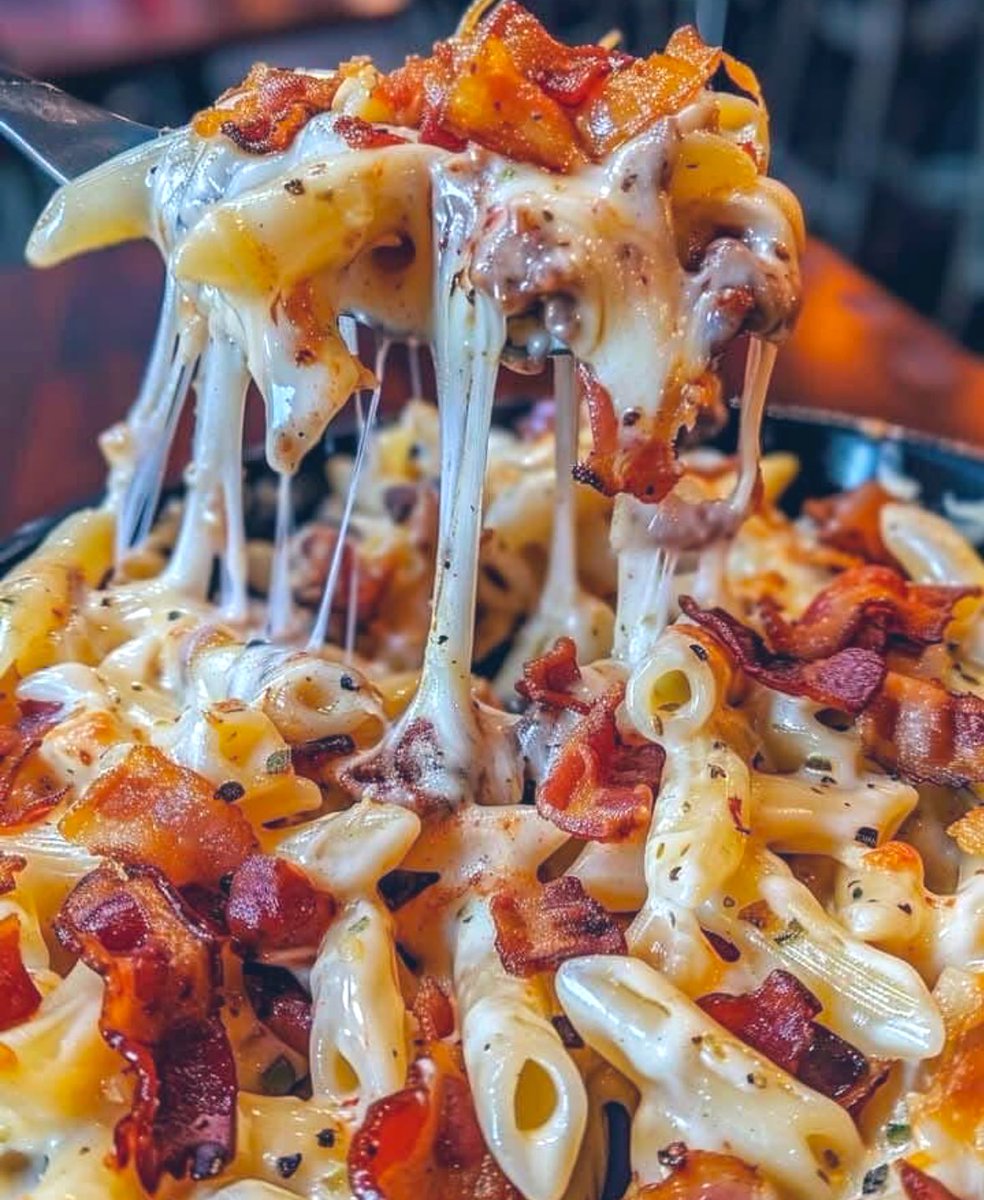 Will you dare trying this 🥓Loaded Bacon Cheeseburger Alfredo Pasta 🍝?!