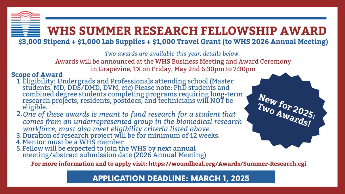 Reminder!🎉 The WHS Summer Research Grant applications close on March 1st! 

This year, we're thrilled to offer 2 awards to support groundbreaking student research. 🧑‍🔬📚 Apply now!

woundheal.org/forms/2025/Sum…

#WHSResearchGrant #SummerResearch #StudentResearch