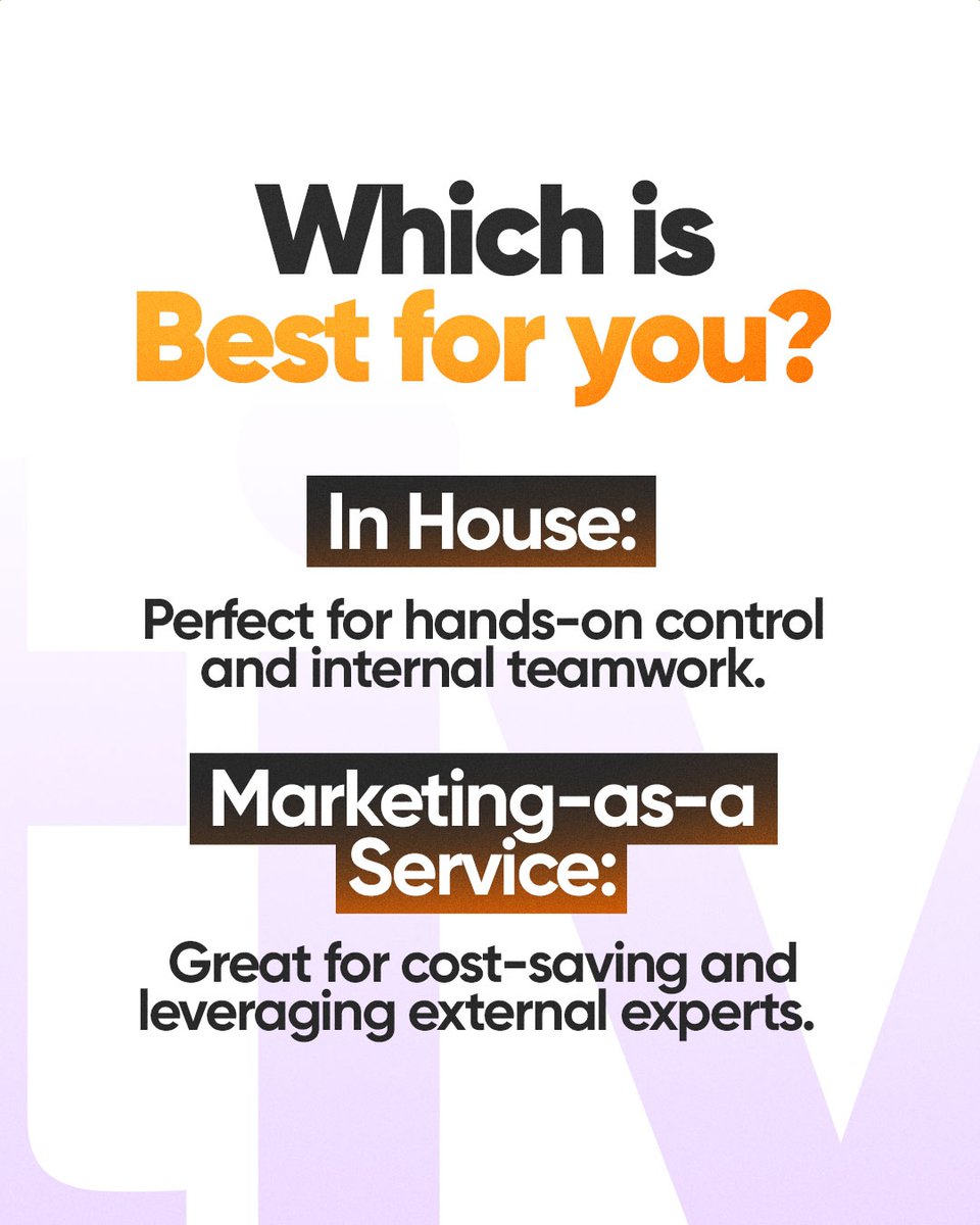Creativo_ai's tweet photo. Looking to choose between an in-house team or marketing-as-a-service? Both have their perks, but what's the right fit for your business? 🤔 

Whether it's full control or cost-effective scalability, we can help you make the best choice. Let's chat and find the perfect solution... https://t.co/GktCIMhlW4