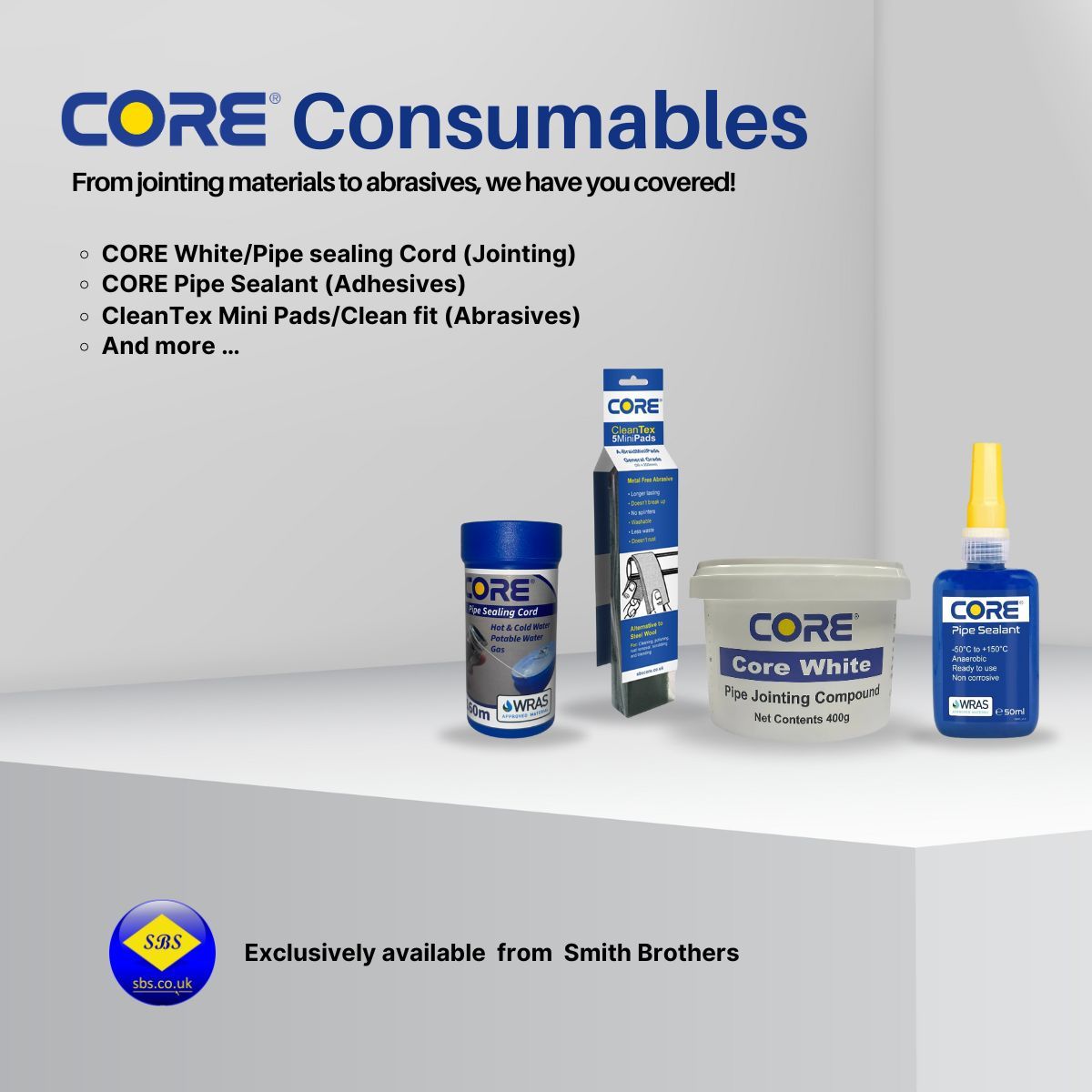 𝗖𝗢𝗥𝗘 𝗖𝗼𝗻𝘀𝘂𝗺𝗮𝗯𝗹𝗲𝘀

Discover the comprehensive range here: sbscore.co.uk/products/consu… 

or read more about the products in our article: buff.ly/4ib8Giu 

Available from Smith Brothers Stores Ltd trade counters or online portal 👇 
sbsonline.net/jointing-mater…