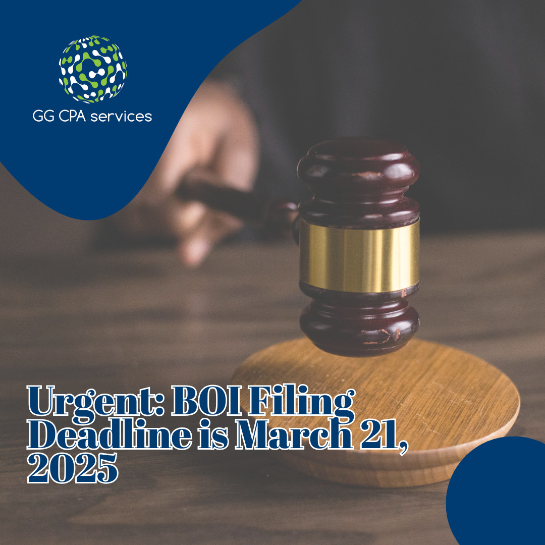 GGCPAservices's tweet image. The deadline to file your BOI report is approaching on March 21, 2025. Failing to submit the required information by the deadline could result in significant penalties and legal complications. 

Read more on our blog: tr.ee/3lIHvaWyLc #BOIFiling  #TaxSeason  #CPATips