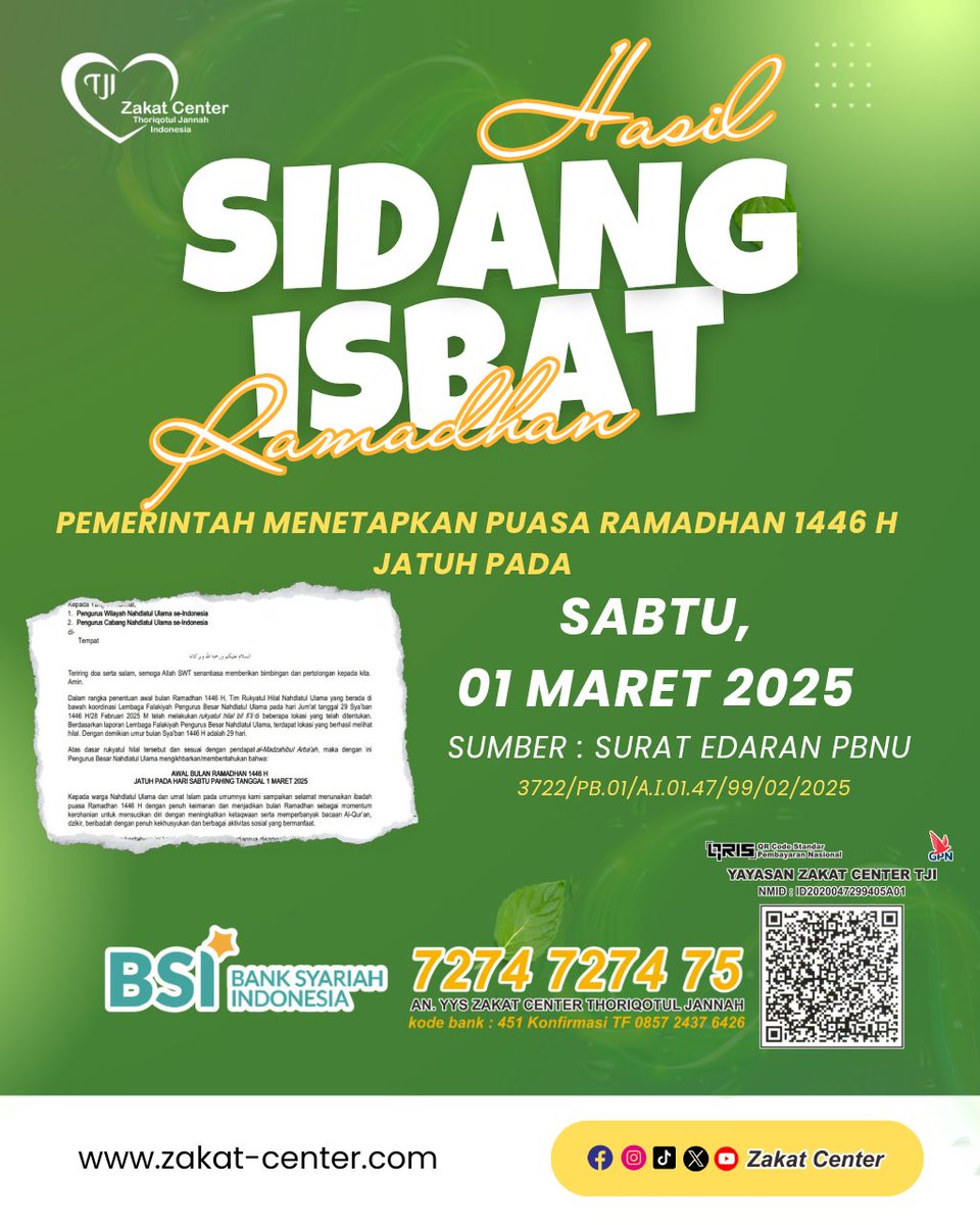 infaqproduktif's tweet photo. PENGUMUMAN HASIL SIDANG ISBAT RAMADHAN

1 Ramadhan 1446 H jatuh pada hari Sabtu, 01 Maret 2025.

#RamadhanCore #puasa #isbat #2025 https://t.co/8J4z7ogxAh