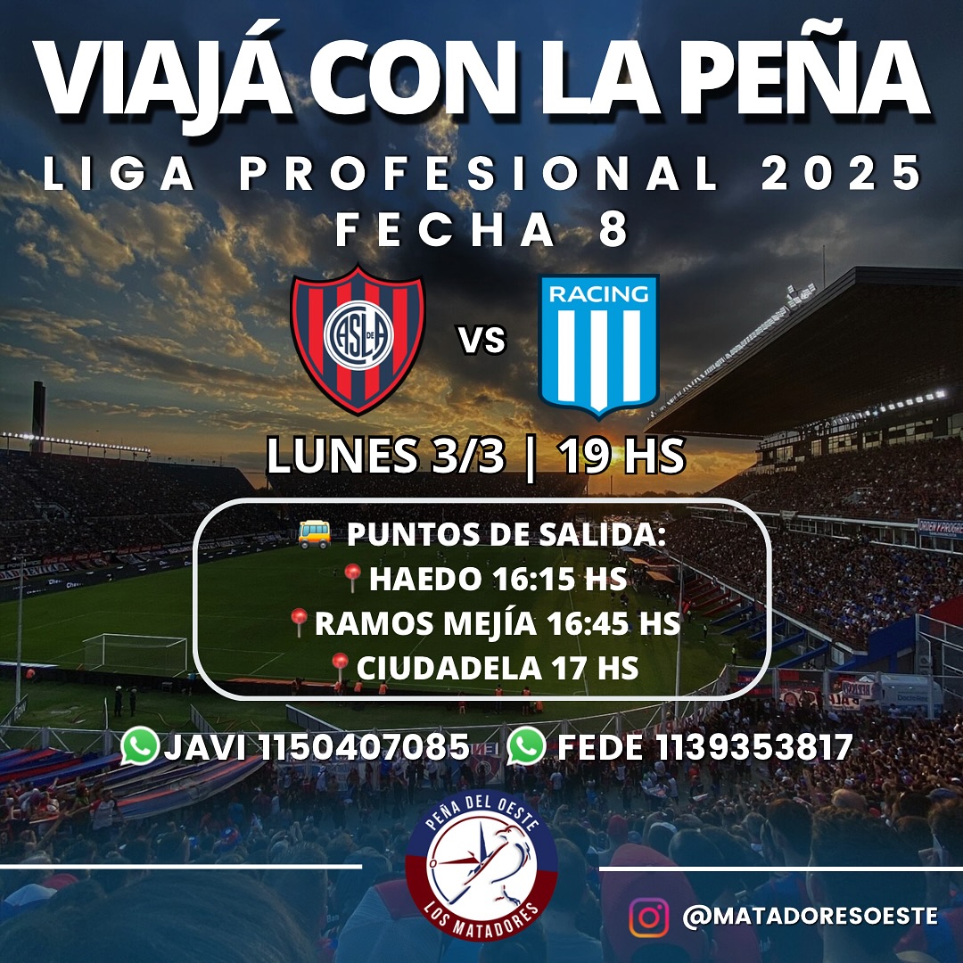 matadoresoeste's tweet photo. Este lunes 3/3, San Lorenzo se enfrenta contra Racing a las 19 hs en el Pedro Bidegain, por la fecha 8.

 ¡Vení a la cancha con La Peña del Oeste! 💙❤️ https://t.co/a1dPwYPp3D