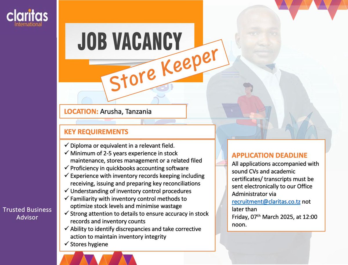 We are thrilled to announce that Claritas International is looking for an Store Keeper. If you are interested and meet the required qualifications, please send your CV and academic certificates/transcripts to recruitment@claritas.co.tz