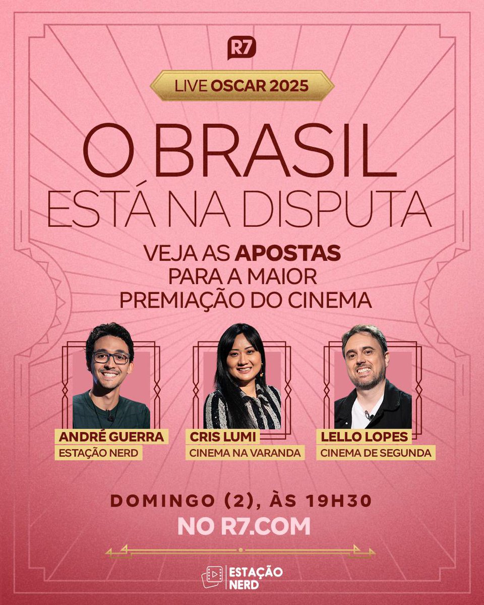 Prepare a pipoca! 🍿 Neste domingo (2), a partir das 19h30, o R7 entra no clima do #Oscar2025 e faz um aquecimento para a maior festa do cinema mundial. Neste ano, a premiação pode ser histórica, visto que há chances de o Brasil levar a primeira estatueta. 🏆 André Guerra