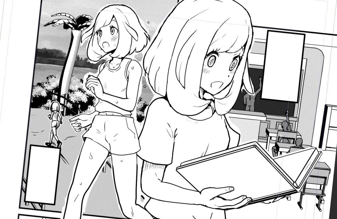 2ページ目の、背景がちょっと未定だった部分をある程度制作。Blenderで作った背景モデルをLT変換、トーン化、原色表示の合わせ技で手書きっぽくし、クリスタの人物モデルも組み合わせて、背景部分の線画はひと段落。ベタやトーン作業時に加筆予定。 