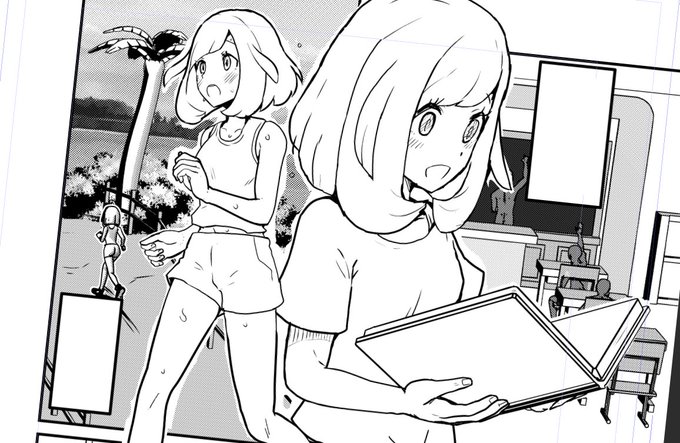 2ページ目の、背景がちょっと未定だった部分をある程度制作。Blenderで作った背景モデルをLT変換、トーン化、原色表示の合わせ技で手書きっぽくし、クリスタの人物モデルも組み合わせて、背景部分の線画はひと段落。ベタやトーン作業時に加筆予定。 