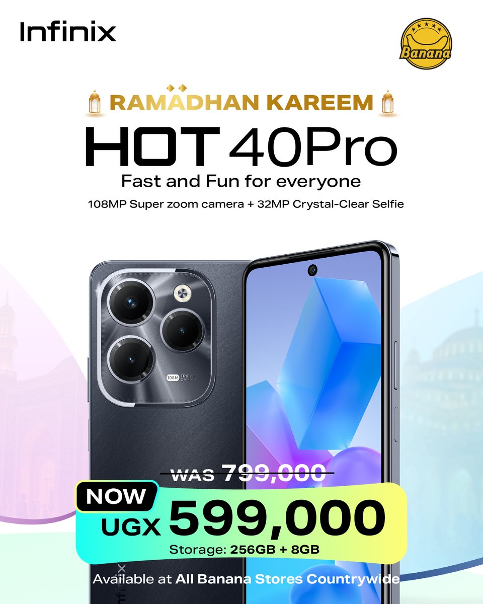 infinixuganda's tweet image. Amazing discounts this #Ramadan on the #infinixHOT40Pro a phone designed "fast &amp;amp; fun for everyone. 
#technology #levelup