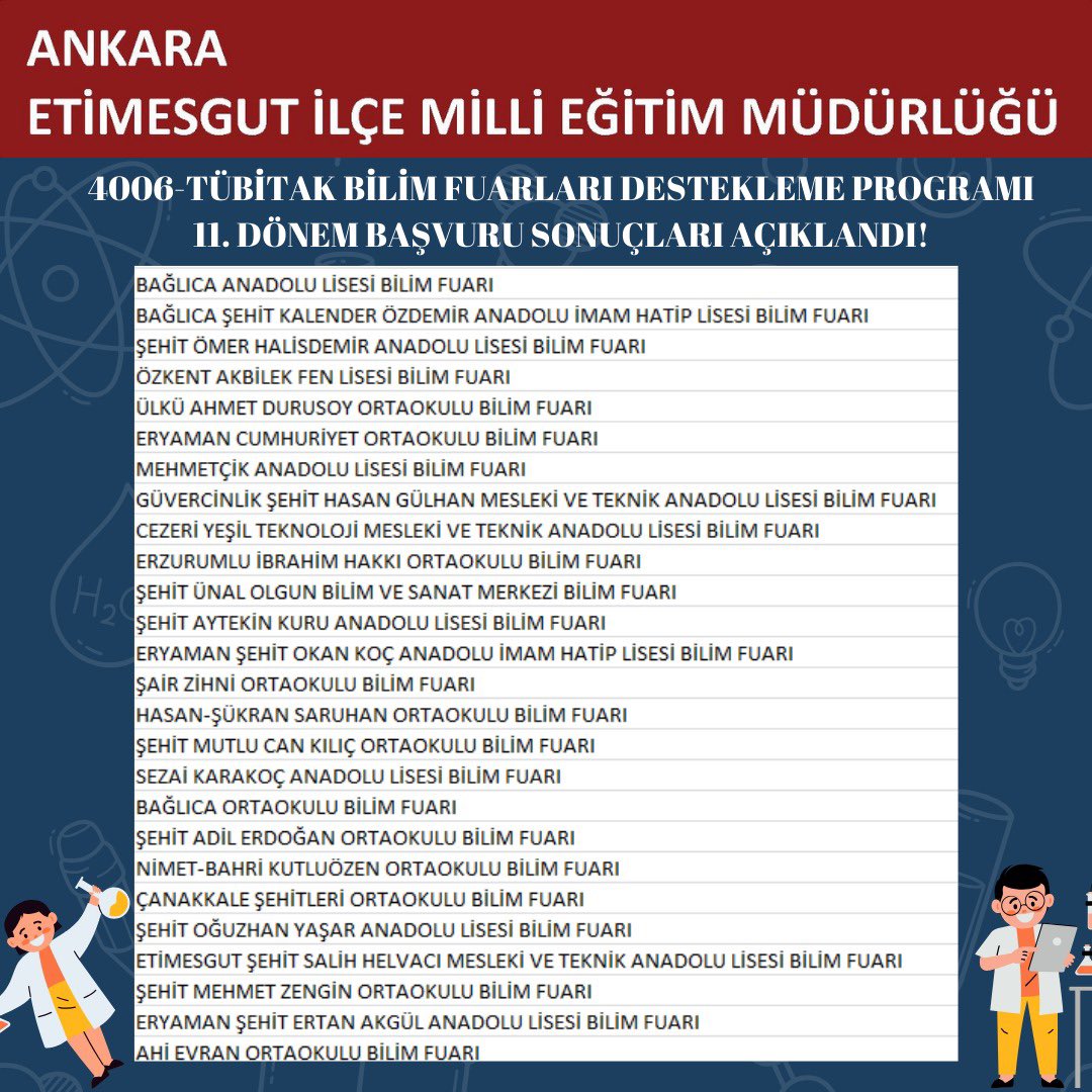 mem_etimesgut's tweet photo. Etimesgut’ta 11. Bilim Fuarları kapsamında, bilim, teknoloji ve yenilik ekosisteminin öncelikli alanlarına uygun olarak belirlenen 63 tematik konu ve 12 ana alan çerçevesinde 26 bilim fuarı açılacak.

@tcmeb 
@EtimesgtKymkmlk 
@AhmetGurselAVCI 
@MemAnkara https://t.co/B0hUsobTou