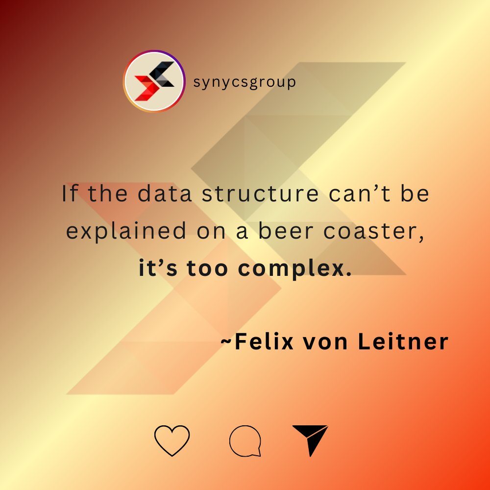 SynycsGroup's tweet photo. Great design is simple. If your data structure needs a novel to explain, it's time to simplify! 🍻💡 Happy Weekend🎉

#SynycsGroup #developerinspiration #developerquotes  #InnovationWeekend #MotivationalQuotes #ClarityOverComplexity #CleanCode #SimplicityInTech #KeepItSimple https://t.co/eLlt1tXMx8