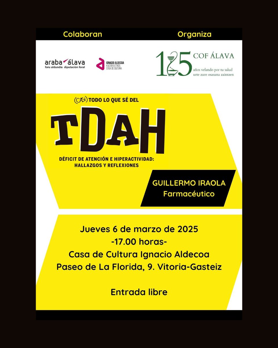 COF Álava (@cofalava) on Twitter photo El farmacéutico Guillermo Iraola hablará el jueves 6 de marzo en <a href="/BiblioAldecoa/">Biblioteca Ignacio Aldecoa Liburutegia</a> sobre el Trastorno por Déficit de Atención e Hiperactividad TDAH. Entrada libre. El farmacéutico Guillermo Iraola hablará el jueves 6 de marzo en <a href="/BiblioAldecoa/">Biblioteca Ignacio Aldecoa Liburutegia</a> sobre el Trastorno por Déficit de Atención e Hiperactividad TDAH. Entrada libre.