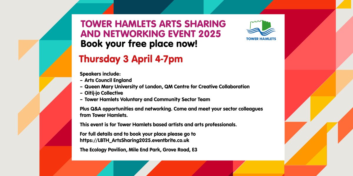 📢 Calling Tower Hamlets artists, arts professionals and community arts organisations! Join us on 3 April at The Ecology Pavilion in Mile End Park for our annual arts networking and sharing event. 
FREE but booking is essential eventbrite.co.uk/e/124830302093…