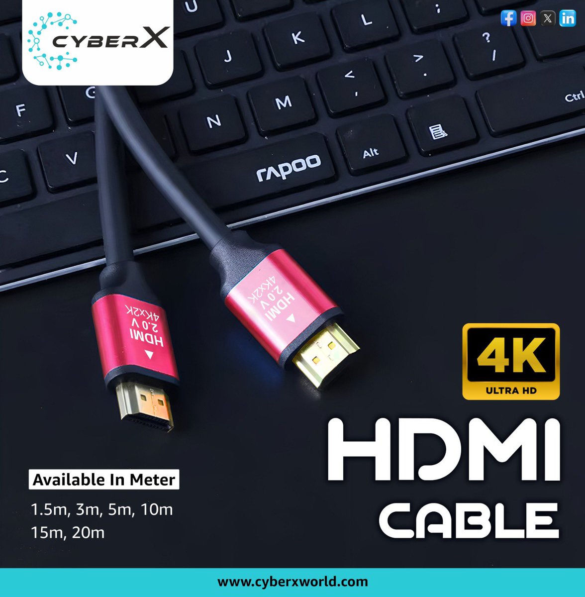 _CyberxWorld's tweet image. From your laptop to the big screen, CyberX 4K HDMI cable ensures crystal-clear transmission from 1.5m to 20m.

#CyberX #4KHDMI #HDMIcable #TechInnovation #DisplaySolutions #HomeTheate