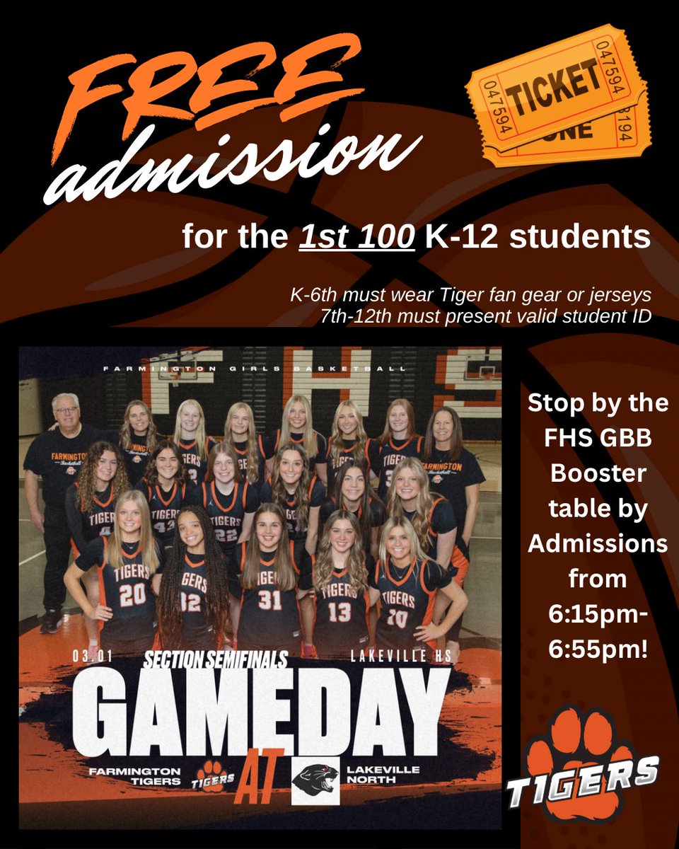 Time to pack the stands again for the Section Semifinals @ Lakeville North tomorrow night! First 💯 students in FREE! Lets go!! 🏀🐾