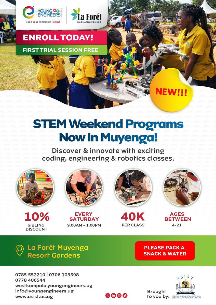 NkusiDeborah's tweet photo. Give your child the best head start this Saturday in tech and innovation. Enroll now and let the learning begin!

https://t.co/U7OIbE8d39

Location: La Foret, Muyenga.
Day: Every Saturday 
Time: 09:00 am - 01:00 pm

#STEMEducation #WeekendPrograms #InnovationForKids #Robotics https://t.co/hTPCpydAUY