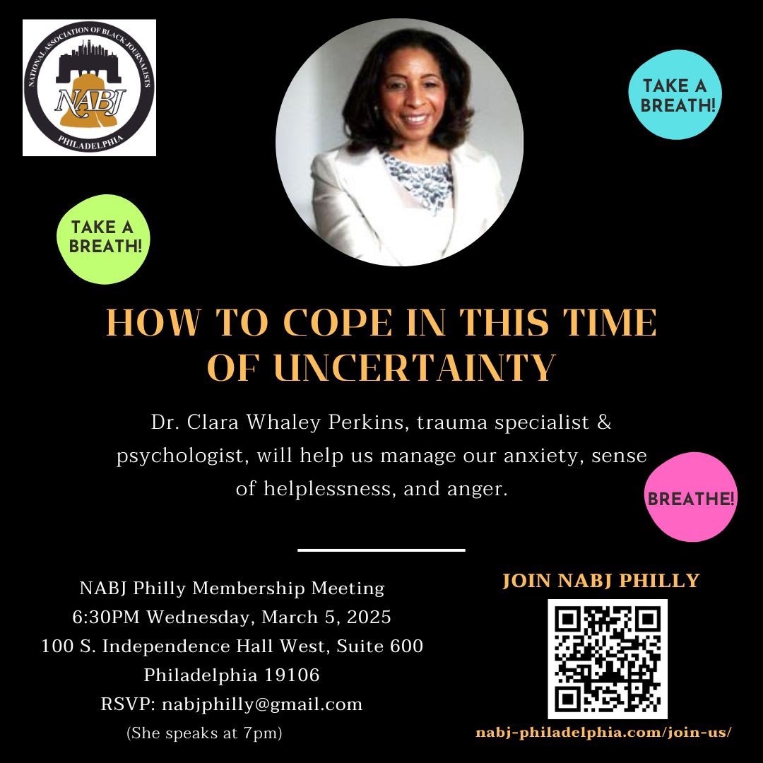 NABJ-Philadelphia (@nabjphilly) on Twitter photo Feeling Stress? Anxiety? Emotional whiplash? Psychologist Clara Whaley Perkins will talk about managing trauma at our Wed., March 5, 2025, at 7 pm membership meeting <a href="/PhillyInquirer/">The Philadelphia Inquirer</a>
RSVP for the meeting: nabjphilly@gmail.com. Zoom link is coming.
#nabj #blackjournalistsmatter Feeling Stress? Anxiety? Emotional whiplash? Psychologist Clara Whaley Perkins will talk about managing trauma at our Wed., March 5, 2025, at 7 pm membership meeting <a href="/PhillyInquirer/">The Philadelphia Inquirer</a>
RSVP for the meeting: nabjphilly@gmail.com. Zoom link is coming.
#nabj #blackjournalistsmatter