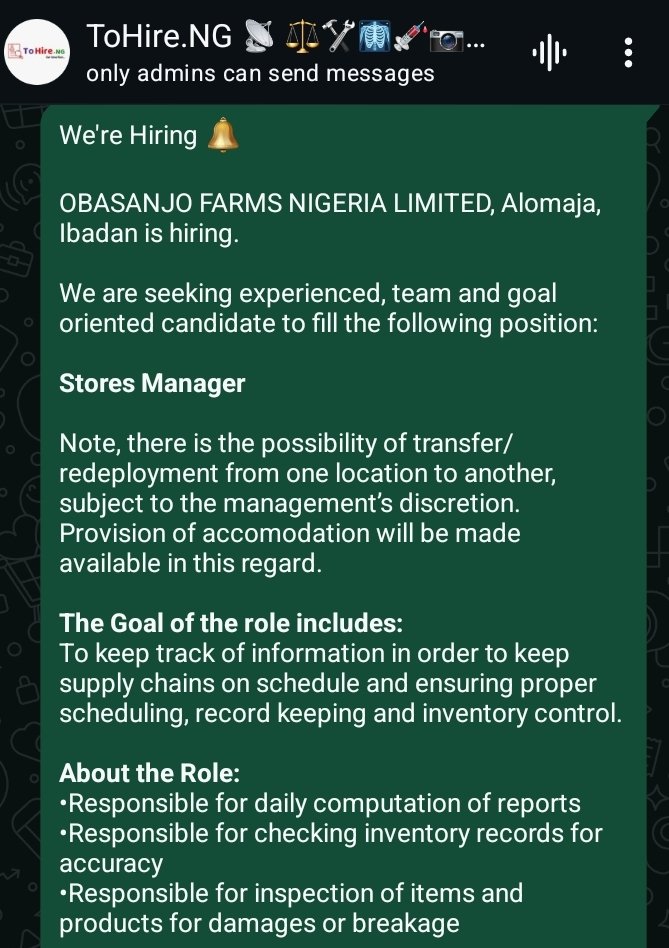 tohire_ng's tweet photo. If you're looking for the following Agric related roles with accommodation in Ogun/Oyo States, visit our telegram channel via https://t.co/15mHAyuic1 to apply!

👇👇👇 https://t.co/T12nxGuDQY