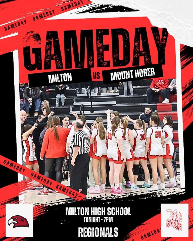 MHS_GBball's tweet photo. PACK THE STANDS - Milton Girls take on Mount Horeb in Round 2 of Regionals tonight, in Milton, at 7pm! 

Lets give them our support and encouragement as they take on the Mount Horeb Vikings.
#Family @gazettextra @MiltonCourier @pressrowsports_ @PrepHoops_WI https://t.co/yai9NIFzN5