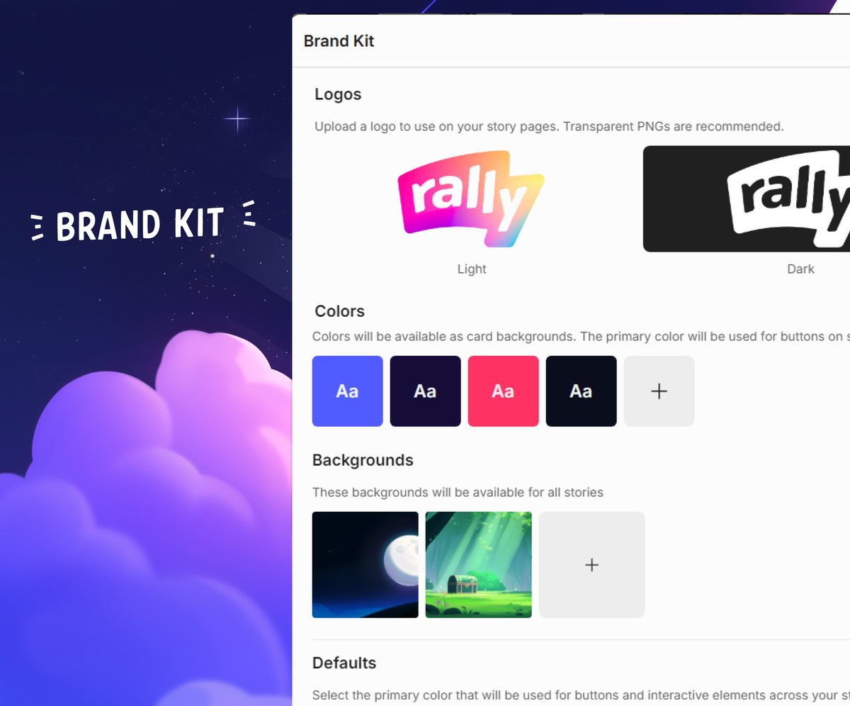 This month we made easier to make product demos in <a href="/rallyspace/">Rally</a> feel like your own.

Use the new brand kit to customize company logos, colors, and presentation backgrounds for recordings. Once set, they will be available to everyone in your workspace when creating new videos and