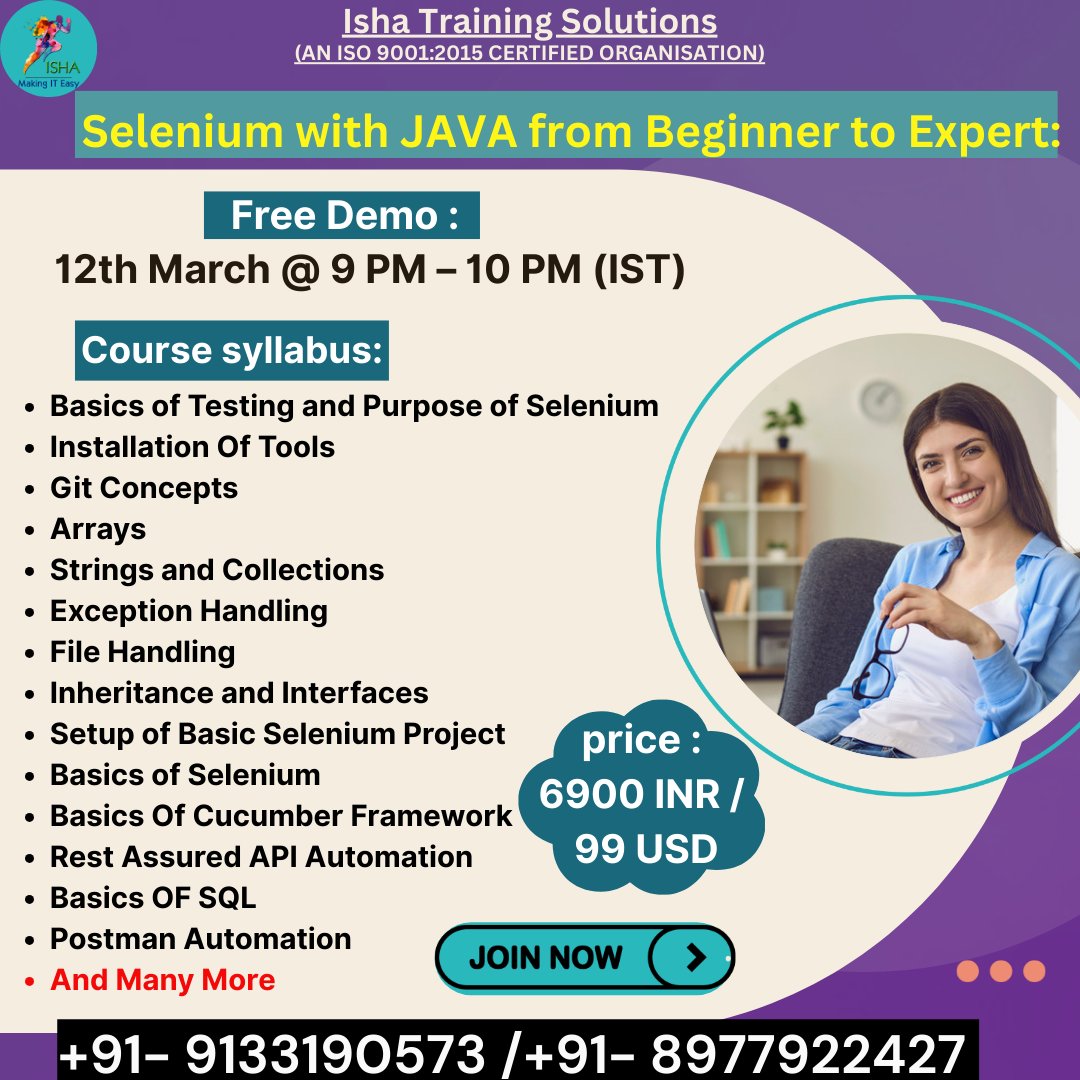 IshaKumargupta's tweet image. Isha Training Solutions presents "Selenium with JAVA from Beginner to Expert" -Live Training.
Free Demo On:
12th March @ 9 PM (IST)/
you can register by joining the below Link
docs.google.com/forms/d/e/1FAI…
#Selenium #SeleniumWebDriver #SeleniumJava #TestAutomation #AutomationTesting