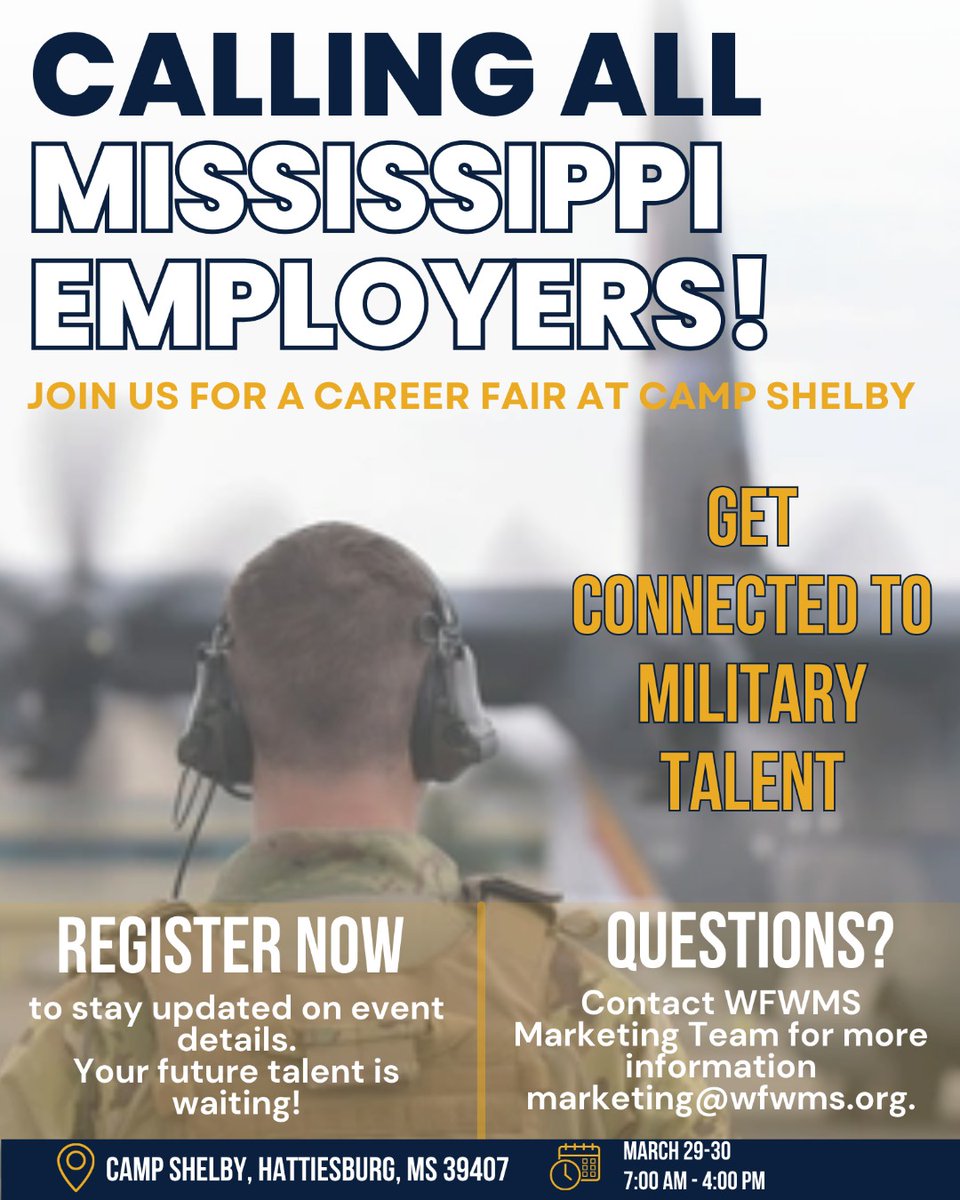 w4wms's tweet photo. Join us for a yellow ribbon career fair at Camp Shelby on March 29-30 for an exclusive opportunity to connect with highly skilled military talent ready to bring their expertise and dedication to your team. Use the link to register today! 
https://t.co/E38g0NMSsu https://t.co/kurouphuPL