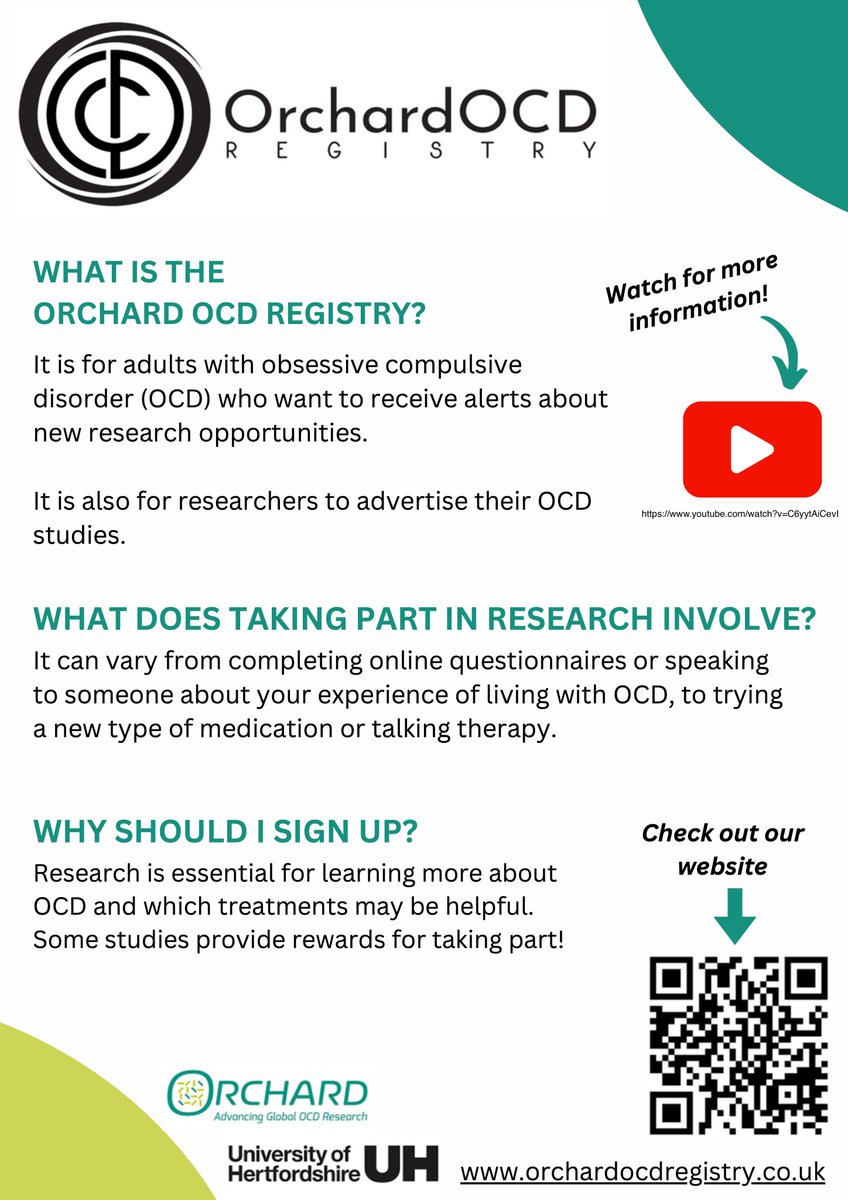 🔍 Are you 18+ and living with OCD in the UK? The Orchard OCD Registry helps connect people with #OCD to #OCDResearch opportunities. No formal diagnosis needed.
Sign up here: redcap.herts.ac.uk/surveys/?s=PRF…
Explore current studies: orchardocdregistry.org/studies/