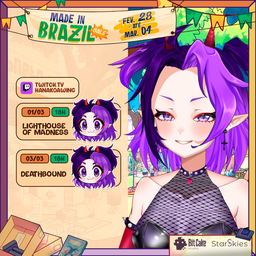 HanakoAwing's tweet photo. Com um imenso prazer, venho anunciar que hoje começa oficialmente o #MadeinBrazilSale !

Escolhi 2 joguinhos incríveis pra gente jogar nos dias 01 e 03 de março às 18h!

Espero vocês lá! 

@madeinbrsale @StudioFJ_BR @trialforgestu @TateMultimedia @starskieslive @BitCakeStudio https://t.co/jIQNlfrx25