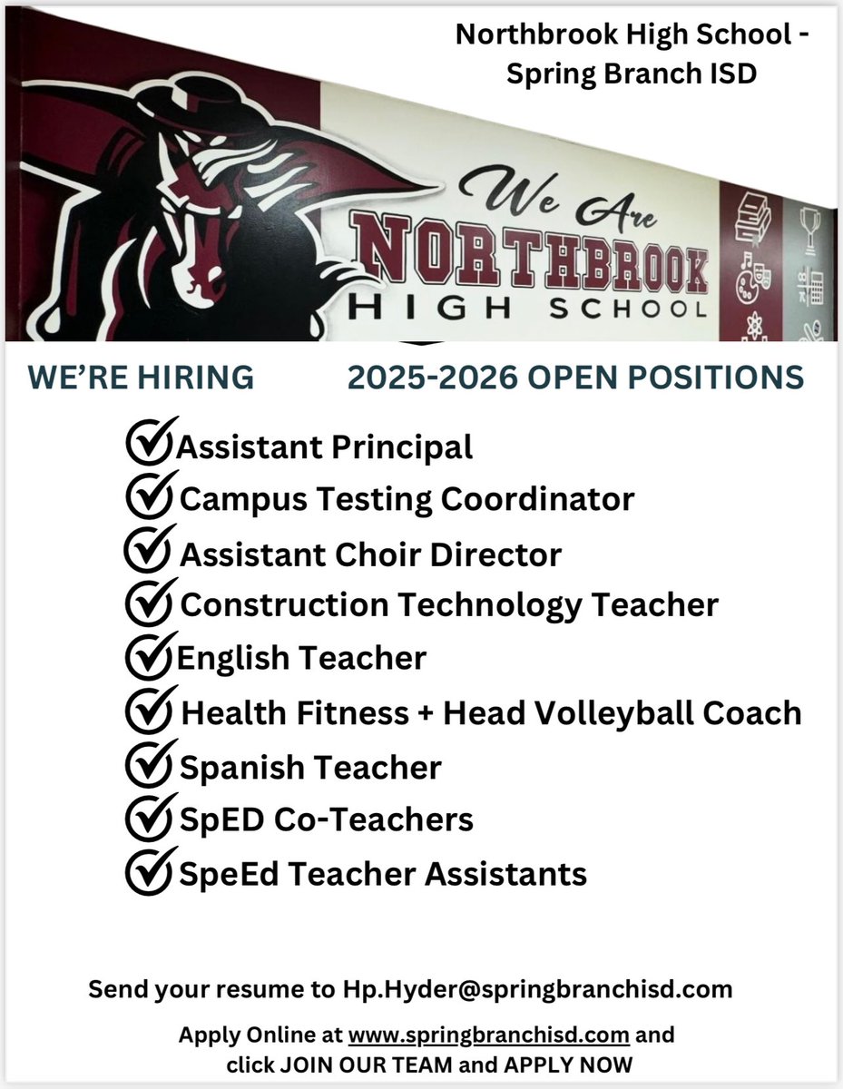 Northbrook High School (@northbrookhigh) on Twitter photo It’s hiring season and we’re looking for the BEST teachers to help us #DefyTheOdds! If you’re interested, please apply! <a href="/hphyder/">HP Hyder, III, PhD</a> <a href="/BE_DaphneW/">Daphne Wilson</a> <a href="/_Alexis_Green/">Alexis Green, M.Ed.</a> <a href="/MsMendozaMath/">Natalia Mendoza</a> <a href="/SBISD/">Spring Branch ISD</a> It’s hiring season and we’re looking for the BEST teachers to help us #DefyTheOdds! If you’re interested, please apply! <a href="/hphyder/">HP Hyder, III, PhD</a> <a href="/BE_DaphneW/">Daphne Wilson</a> <a href="/_Alexis_Green/">Alexis Green, M.Ed.</a> <a href="/MsMendozaMath/">Natalia Mendoza</a> <a href="/SBISD/">Spring Branch ISD</a>