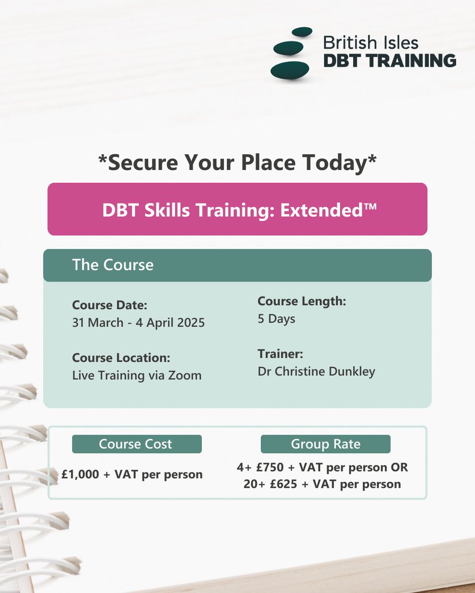 British Isles DBT Training (@dbttraining) on Twitter photo Just 1ļøā£ month to go until our DBT Skills Training: Extended! š
āØ
šDate: 31st March - 4th April 2025
šLocation: Online via Zoom
Don't miss out - secure your spot now! ā³š„
dbt-training.co.uk/course/dbt-skiā¦
#dbt #dbttraining #mentalhealthtraining #online #skillstraining #dbtskills Just 1ļøā£ month to go until our DBT Skills Training: Extended! š
āØ
šDate: 31st March - 4th April 2025
šLocation: Online via Zoom
Don't miss out - secure your spot now! ā³š„
dbt-training.co.uk/course/dbt-skiā¦
#dbt #dbttraining #mentalhealthtraining #online #skillstraining #dbtskills