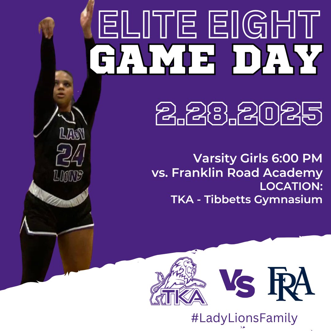 STATE QUARTERFINALS TONIGHT!! <a href="/TKALadyLionsWBB/">TKA Lady Lions Basketball</a> will host Franklin Road Academy tonight in the TSSAA DII-A State Quarterfinal game. Tip-off is set for 6:00 p.m. Help us pack Tibbetts Gymnasium and cheer on our Lady Lions!!
#LadyLionsFamily