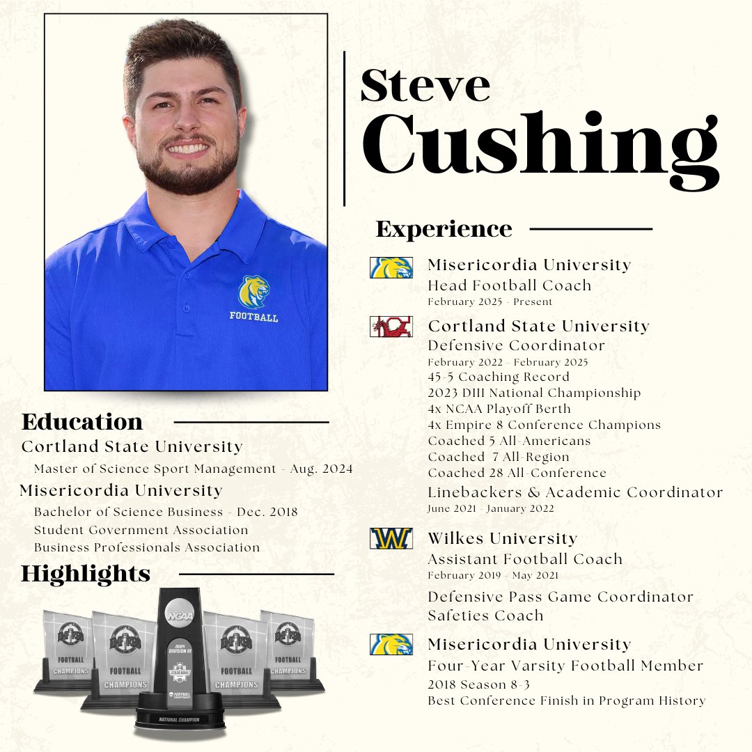 Misericordia University Football (@mucougarsfb) on Twitter photo 🚨Meet our NEW Head Coach!🚨 <a href="/_CoachCushing/">Steve Cushing</a> is a MU Alum with a Championship Pedigree and a track record for ELITE Student-Athlete Development! #RollCougs 🚨Meet our NEW Head Coach!🚨 <a href="/_CoachCushing/">Steve Cushing</a> is a MU Alum with a Championship Pedigree and a track record for ELITE Student-Athlete Development! #RollCougs