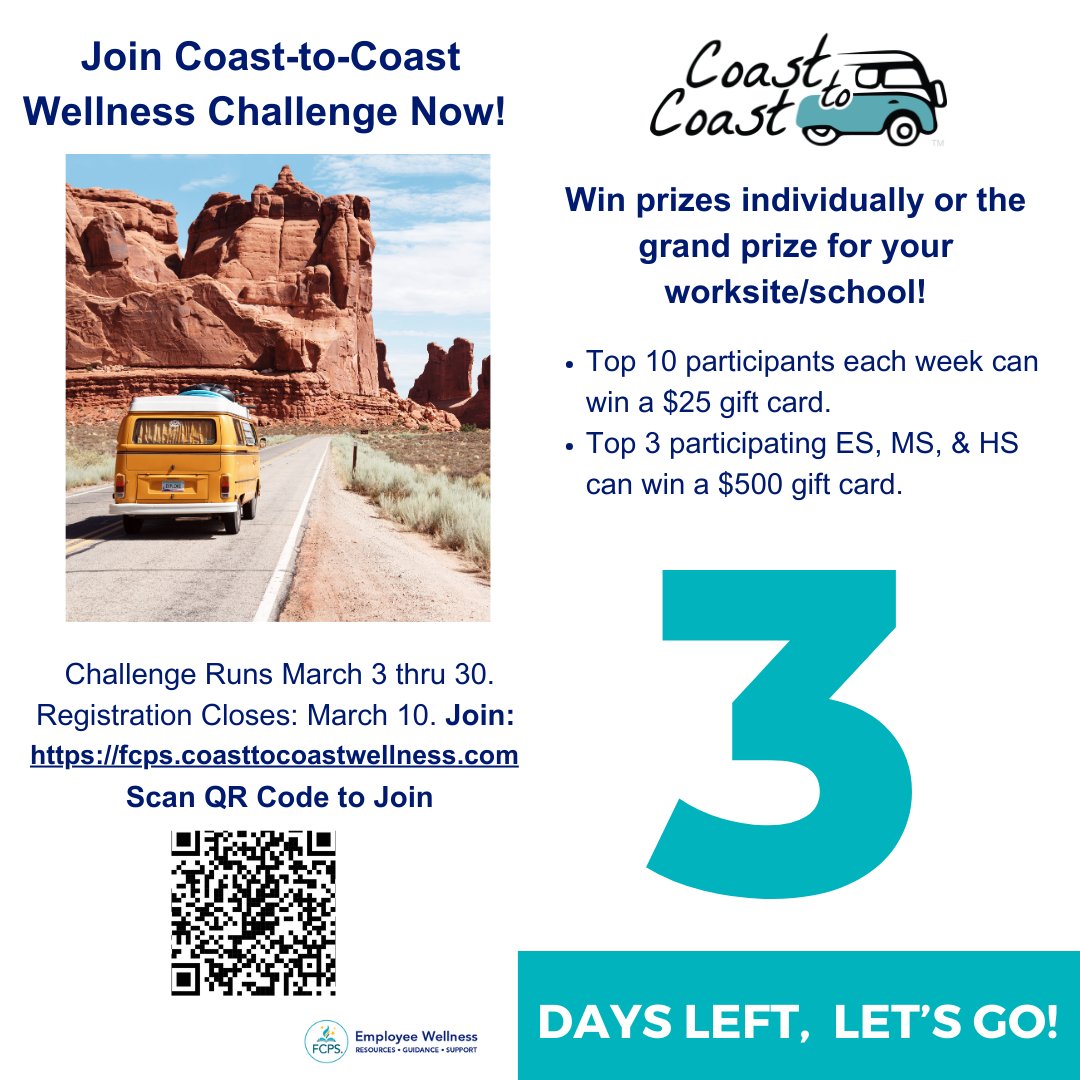 FCPS Employee Wellness (@fcpswellness) on Twitter photo Feb 28
Coast to Coast Spring Challenge
Join Today: fcps.coasttocoastwellness.com
To learn more, watch the Coast to Coast video at tinyurl.com/2s4f3hdp
Don't miss out on the adventure!
<a href="/FCPSWellness/">FCPS Employee Wellness</a>
#CoasttoCoastChallenge #LetsGoFCPS Feb 28
Coast to Coast Spring Challenge
Join Today: fcps.coasttocoastwellness.com
To learn more, watch the Coast to Coast video at tinyurl.com/2s4f3hdp
Don't miss out on the adventure!
<a href="/FCPSWellness/">FCPS Employee Wellness</a>
#CoasttoCoastChallenge #LetsGoFCPS