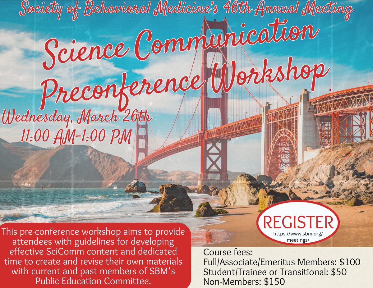 Alicia Anne Dahl, Ph.D. (@pubhealthdahl) on Twitter photo Starting to make your plans for #SBM2025? Check out this preconference workshop on Science Communication! <a href="/BehavioralMed/">SBM</a> <a href="/SBM_PASIG/">SBM Physical Activity Special Interest Group</a> <a href="/sbmchildfamsig/">SBM Child & Family Health</a> <a href="/SBMWomensHealth/">SBM Women's Health</a> <a href="/SBMDigitalHlth/">SBMDigitalHealth</a> <a href="/sciCarly/">Dr. Carly Goldstein</a> <a href="/DrBeccaK/">Dr. Becca Krukowski</a> Starting to make your plans for #SBM2025? Check out this preconference workshop on Science Communication! <a href="/BehavioralMed/">SBM</a> <a href="/SBM_PASIG/">SBM Physical Activity Special Interest Group</a> <a href="/sbmchildfamsig/">SBM Child & Family Health</a> <a href="/SBMWomensHealth/">SBM Women's Health</a> <a href="/SBMDigitalHlth/">SBMDigitalHealth</a> <a href="/sciCarly/">Dr. Carly Goldstein</a> <a href="/DrBeccaK/">Dr. Becca Krukowski</a>
