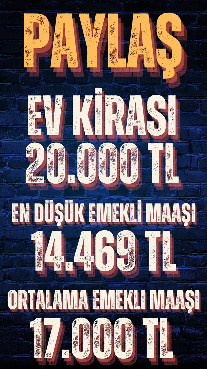 ‼️‼️PAYLAŞ  PAYLAŞTIR‼️‼️

✍️ EV KİRASI
➡️ 15.000 - 20.000 TL 

✍️ EN DÜŞÜK EMEKLİ MAAŞI 
➡️ 14.469 TL

✍️ ORTALAMA EMEKLİ MAAŞI 
➡️ 17.000 TL

#EmekliBuGünleriUnutmayacak #5000KısmiUnutmayacak
<a href="/isikhanvedat/">Prof. Dr. Vedat Işıkhan</a>