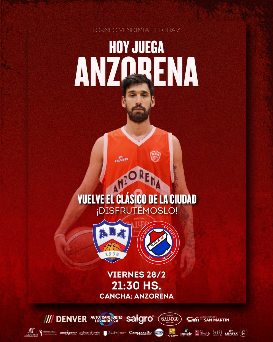 Anzorena y General San Martín vuelven a verse las caras luego de 3 años, en una nueva edición del clásico de la Ciudad 🏀👌

👉 Será por el Torneo Vendimia, desde las 21:30 hs. en Anzorena.

¡Vuelve el clásico de la Ciudad! Disfrutemoslo 💪🏀

#LaCatedralDelBasquet🔴⚪️🔵