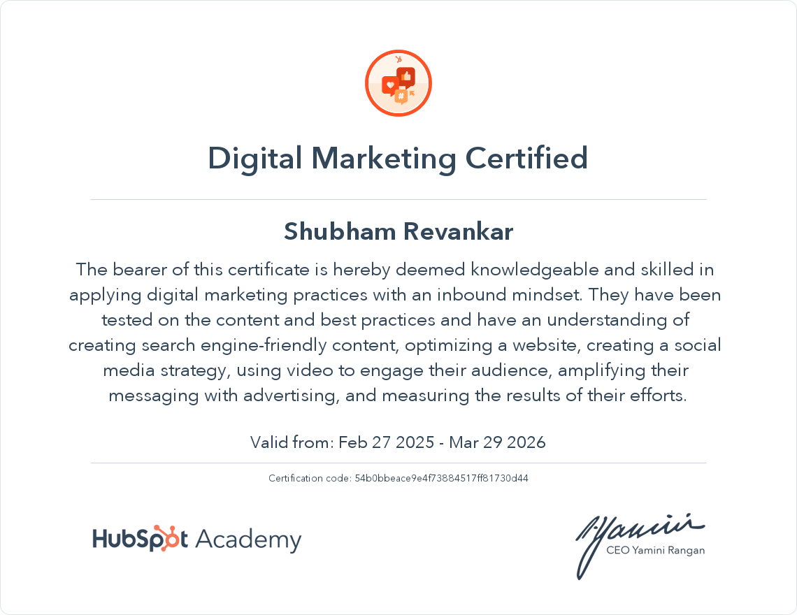 I just got my Digital Marketing Certification from HubSpot Academy 🎓 app-na2.hubspot.com/academy/achiev… 

<a href="/HubSpot/">HubSpot</a> <a href="/HubSpotAcademy/">HubSpot Academy</a> <a href="/HubSpotDev/">HubSpot for Developers</a>