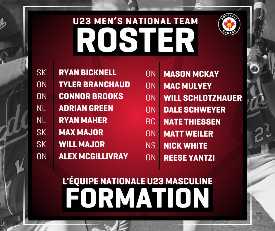 🚨 ROSTER ANNOUNCEMENT 🚨

Introducing your U23 MNT selected to represent Canada at the 2025 WBSC U23 Men’s Softball Pan American Championship. 👏🥎

To read the full release: softball.ca/news/softball-…
------
Présentation de votre MNT U23 sélectionnée pour représenter le Canada au