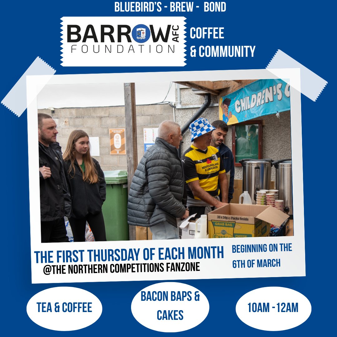 Barrow AFC Foundation (@bafcfoundation) on Twitter photo BLUEBIRDโS - BREW - BOND
Join us for our Coffee & Community session in the Northern Competitions Fanzone on the first Thursday of each month, starting 6th March, 10 am- 12 pm <a href="/BarrowAFC/">Barrow AFC</a>
Sign up online using the link below, or on the day.
forms.office.com/e/220UFiVkcB BLUEBIRDโS - BREW - BOND
Join us for our Coffee & Community session in the Northern Competitions Fanzone on the first Thursday of each month, starting 6th March, 10 am- 12 pm <a href="/BarrowAFC/">Barrow AFC</a>
Sign up online using the link below, or on the day.
forms.office.com/e/220UFiVkcB