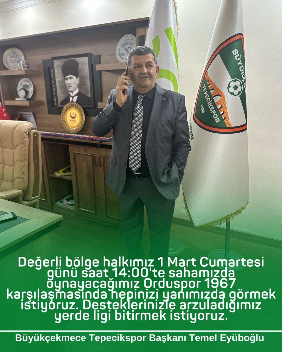 👤Büyükçekmece Tepecikspor Fahri Başkanımız Temel Eyüboğlu yarın (cumartesi) saat 14:00'te sahamızda oynayacağımız çok önemli #Orduspor 1967 karşılaşmasına tüm bölge halkını davet etti. <a href="/TemelEyuboglu61/">Temel Eyüboğlu</a>

#Büyükçekmece #Tepecikspor