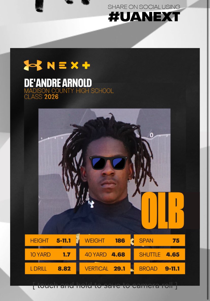 De’Andre” Dre “ Arnold (@dre__850) on Twitter photo Check out my UA next combine results from the other day at the UA camp <a href="/JukeNJive65/">Price Harris</a> <a href="/UANextFootball/">All-America Game</a> <a href="/PrepRedzoneFL/">Prep Redzone Florida</a> <a href="/247recruiting/">247Sports Recruiting</a> <a href="/On3Recruits/">On3 Recruits</a> <a href="/BubbaC2151/">Bubba Carroll</a> #UANext Check out my UA next combine results from the other day at the UA camp <a href="/JukeNJive65/">Price Harris</a> <a href="/UANextFootball/">All-America Game</a> <a href="/PrepRedzoneFL/">Prep Redzone Florida</a> <a href="/247recruiting/">247Sports Recruiting</a> <a href="/On3Recruits/">On3 Recruits</a> <a href="/BubbaC2151/">Bubba Carroll</a> #UANext