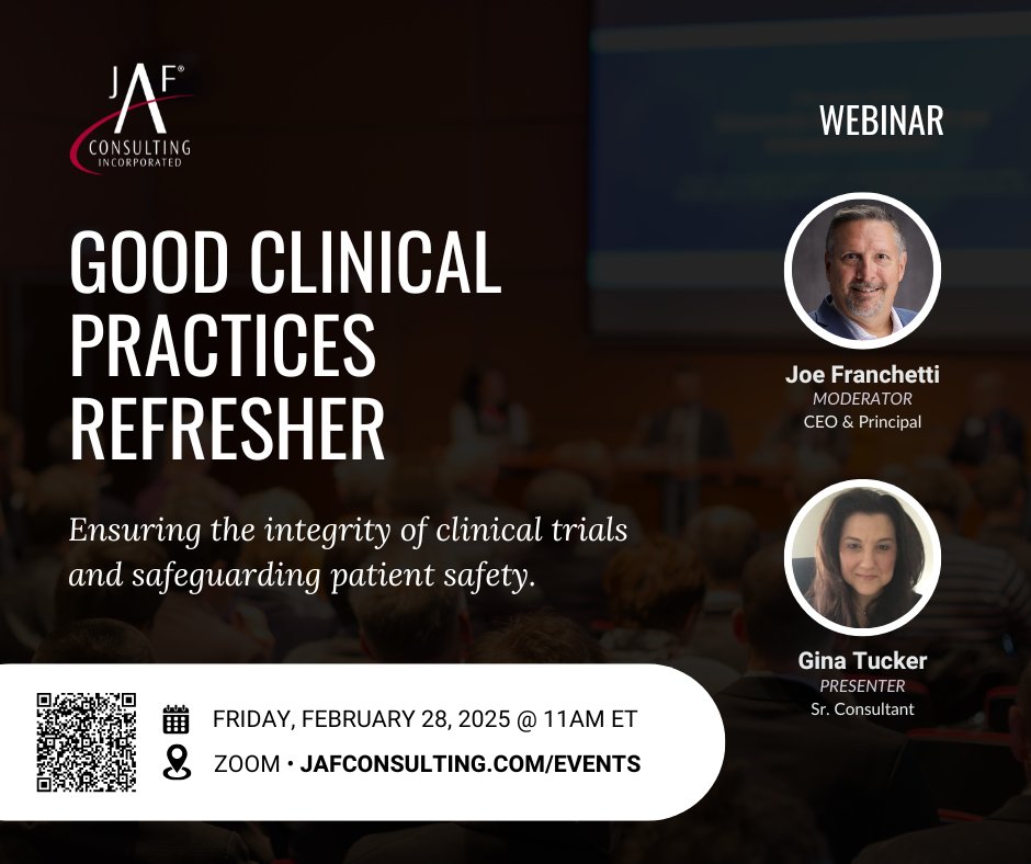 JAFConsulting's tweet photo. Last chance to register for JAF's FREE Good Clinical Practices Refresher! Join @Joseph Franchetti and @Gina Tucker Today, February 28th at 11 am EST to learn about Good Clinical Practices. If you have not yet registered, please click this link (https://t.co/Zsneq7WLyh). https://t.co/bvcW2n7ni4