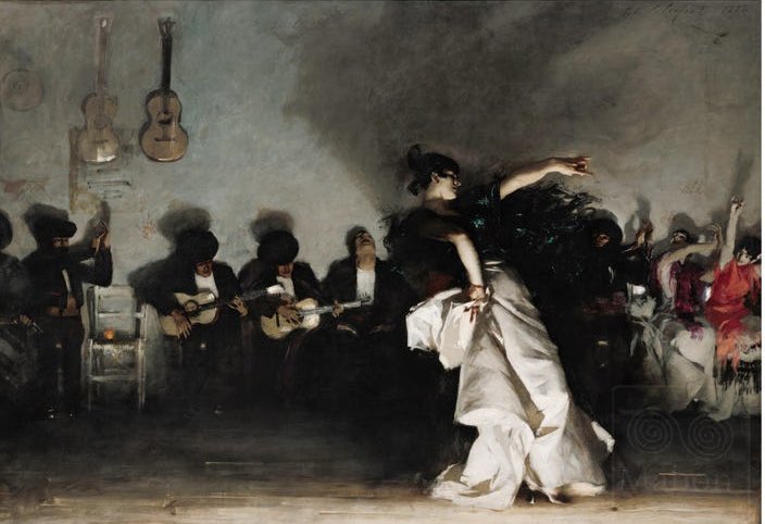 Edward_Norden_'s tweet image. ”El Jaleo” är en fantastiskt levande  målning av John Singer Sargent (1856-1925), föreställande en spansk romsk dansare och ackompanjerande musiker. Målad utifrån ritningar från södra Spanien 1878. #JohnSingerSargent #art #konst #Arte #kunst #ElJaleo
