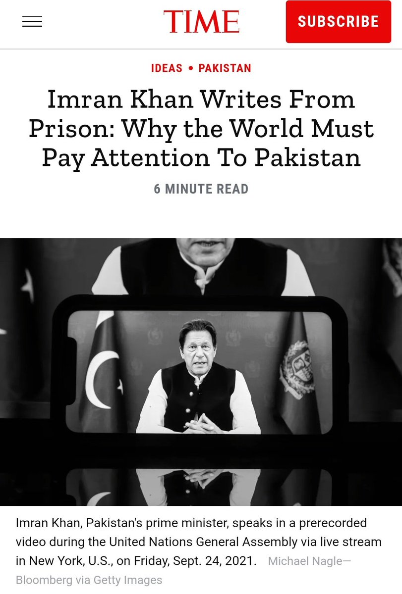 PTIofficial's tweet photo. "Why the World Must Pay Attention to Pakistan" Former Prime Minister Imran Khan writes from prison in @TIME 

"The politically motivated charges against me are nothing more than an attempt to silence my fight for democracy. But this struggle is not about me alone. The erosion of democracy in Pakistan has far-reaching consequences. A destabilized Pakistan threatens regional security, disrupts trade, and weakens global democratic values. The world must recognize the urgency of this crisis—not just for Pakistan’s future, but for the stability of South Asia and beyond."  @ImranKhanPTI

Link: https://t.co/P4KNfpc19b